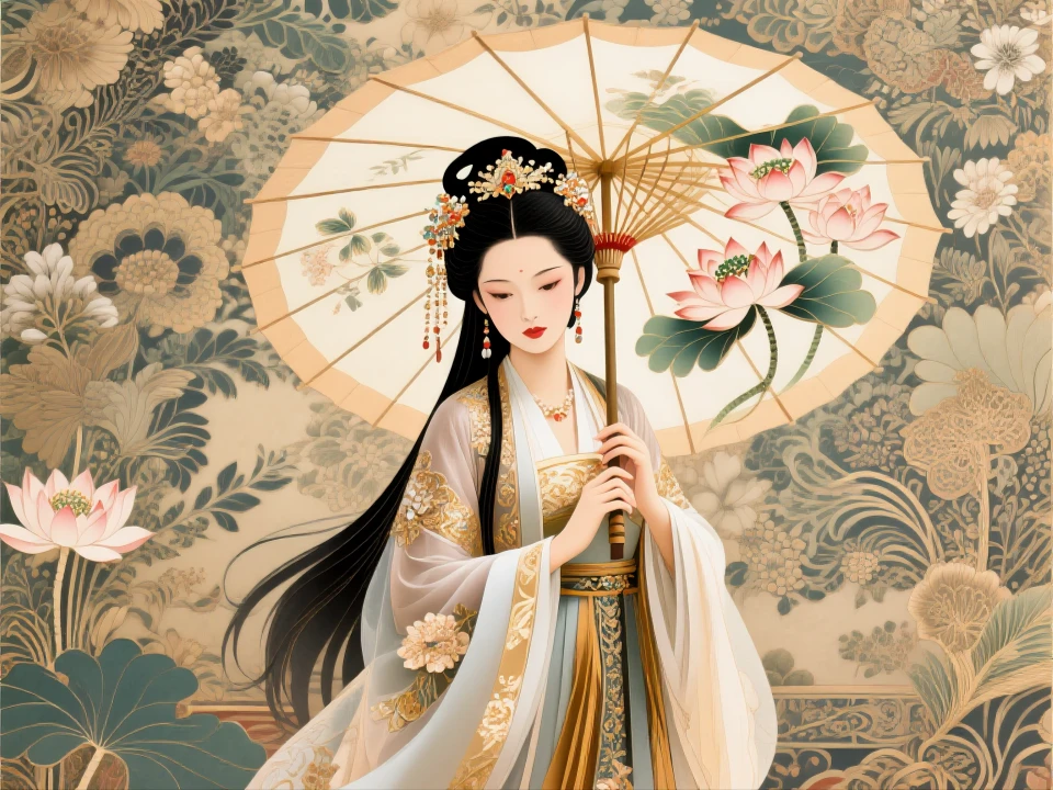 女生在荷塘撑纸伞 AI 写真，99% 还原度