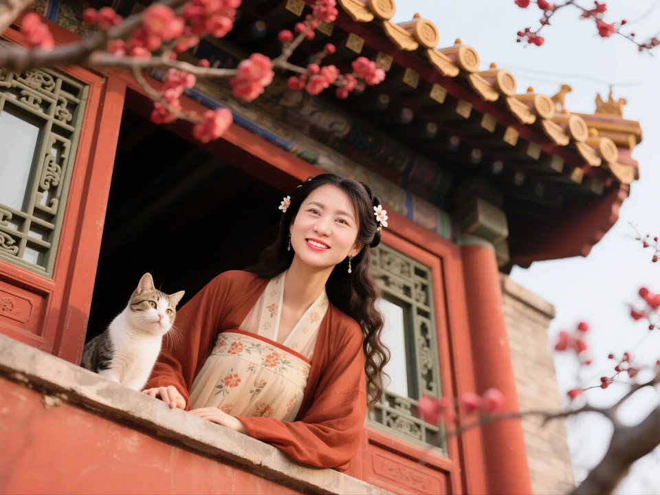 Aifaceu Palace Whispers, realistic AI portrait, woman and cat by the window with studio lighting.