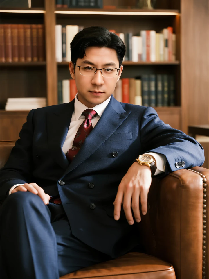 Aifaceu Business portrait, relaxed elite pose on sofa, showing natural professionalism.