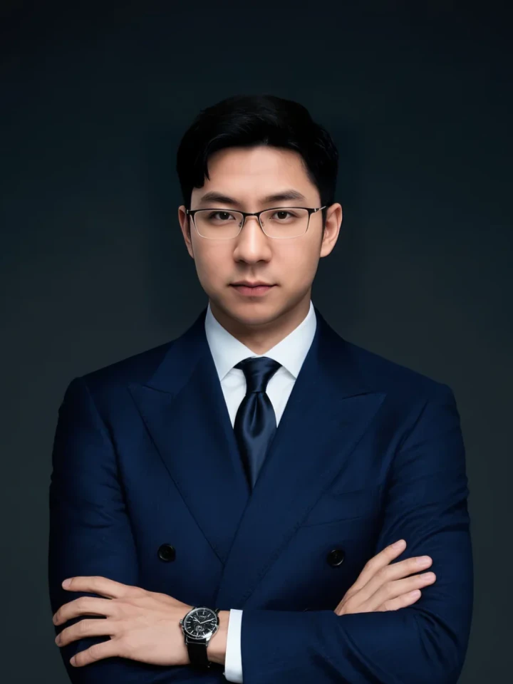 Aifaceu Business Elite, double-breasted suit power pose, showcasing leadership.