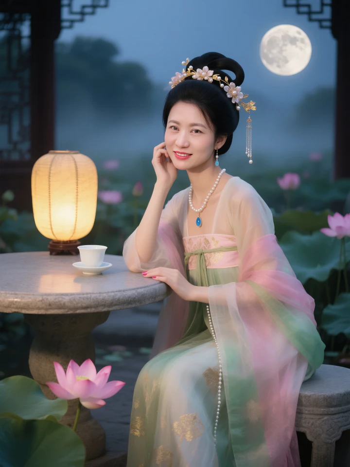 AI portrait of girl playing Pipa under moonlight with 99% similarity.