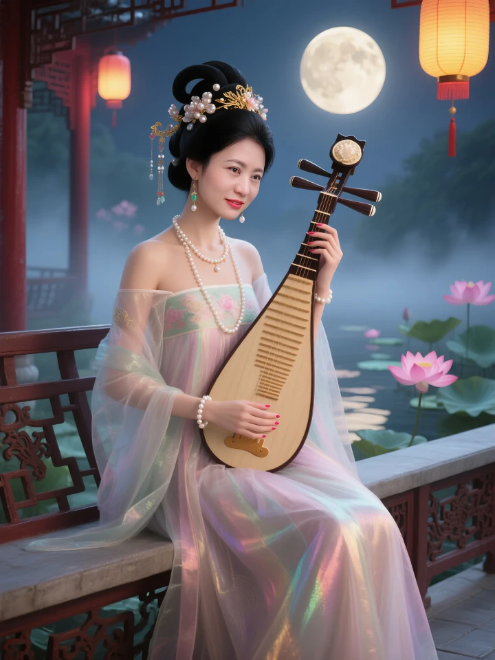 Immersive AI portrait playing Guqin by the river with high-fidelity finish.
