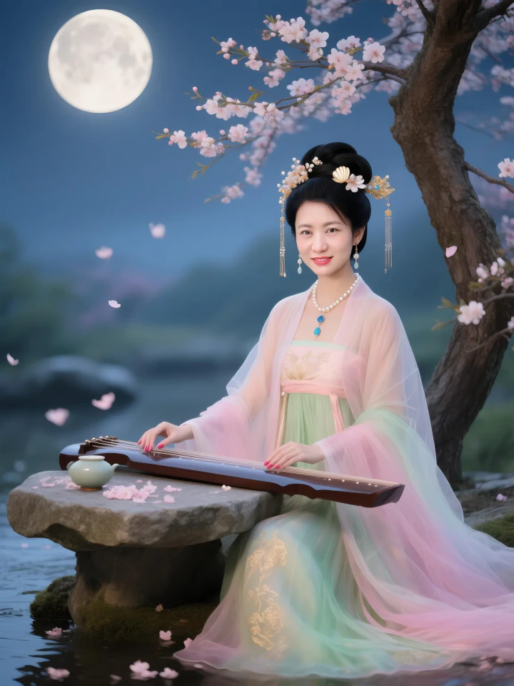 Dreamy AI photography leaning on flower tree with cinematic moonlight.