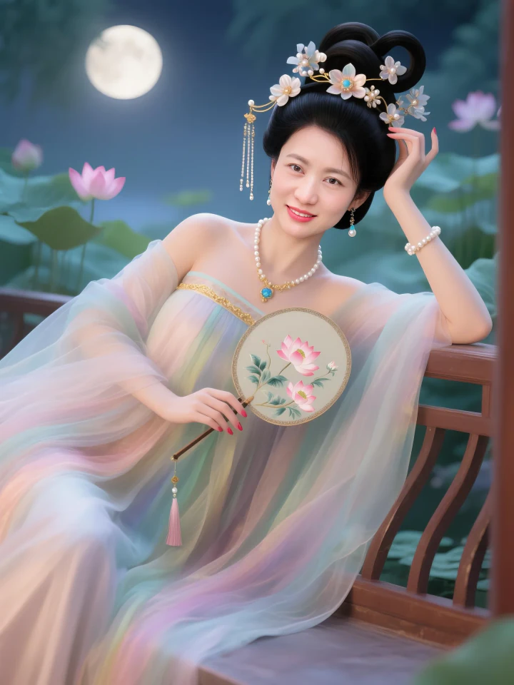 High-fidelity AI Hanfu portrait holding a traditional fan on a balcony.