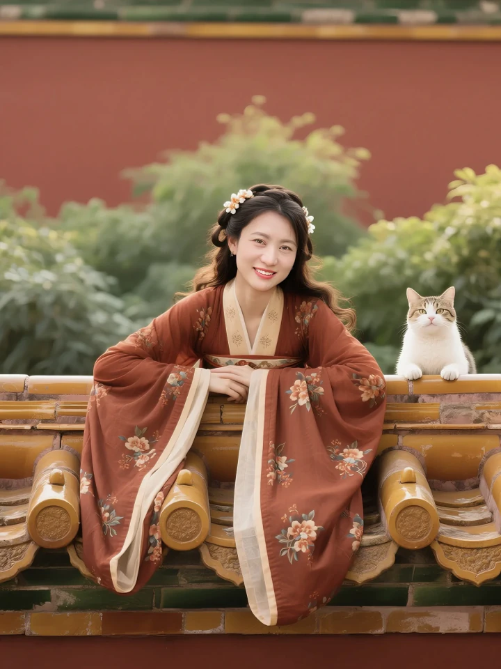 Aifaceu Red Wall Hanfu, full-body portrait showing silk textures and 1:1 facial likeness.