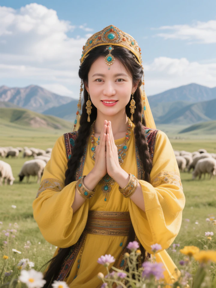 Aifaceu ethereal veil portrait in a flower field with a golden crown.