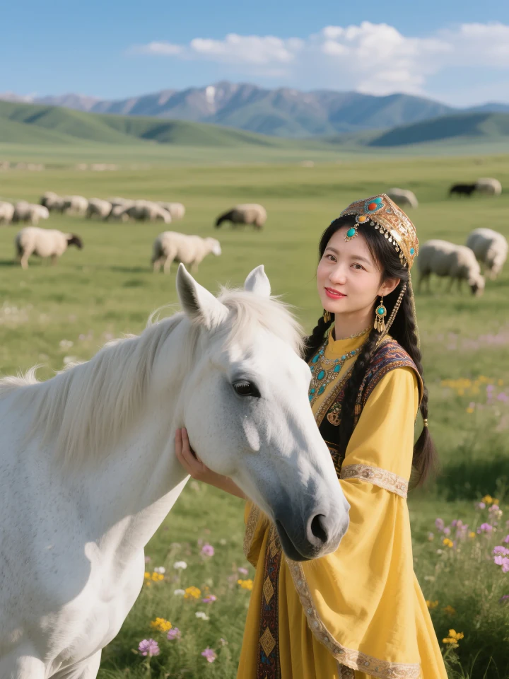 Aifaceu prairie riding portrait showing a girl in yellow gown galloping on a white horse.