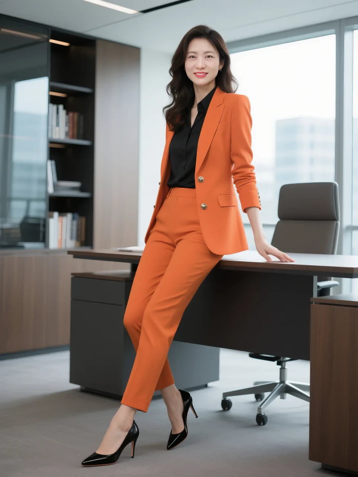 Aifaceu orange suit business portrait, standing pose showing elite aura and 99% skin realism.
